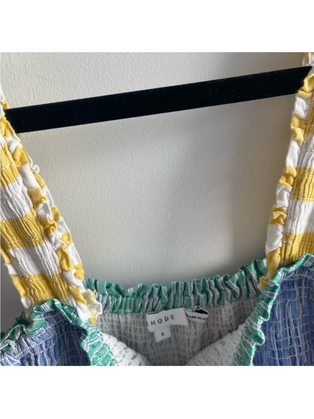 RHODE Ollie Yellow, Green Blue Stripe Smocked Midi Dress with Contrast Pockets - Picture 5 of 7